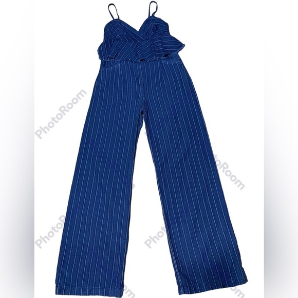 Ettiwa Anthropologie Denim Stripe Wide Leg Zip Back Jumpsuit XS - Picture 1 of 8